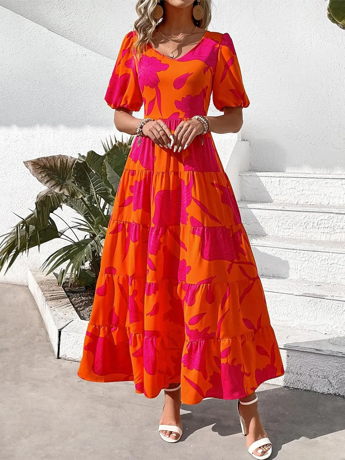 PRETTYGARDEN Womens Dresses 2025 Puff Sleeve Floral Casual Summer Dress Smocked Back Beach Flowy Tiered Maxi Sundress