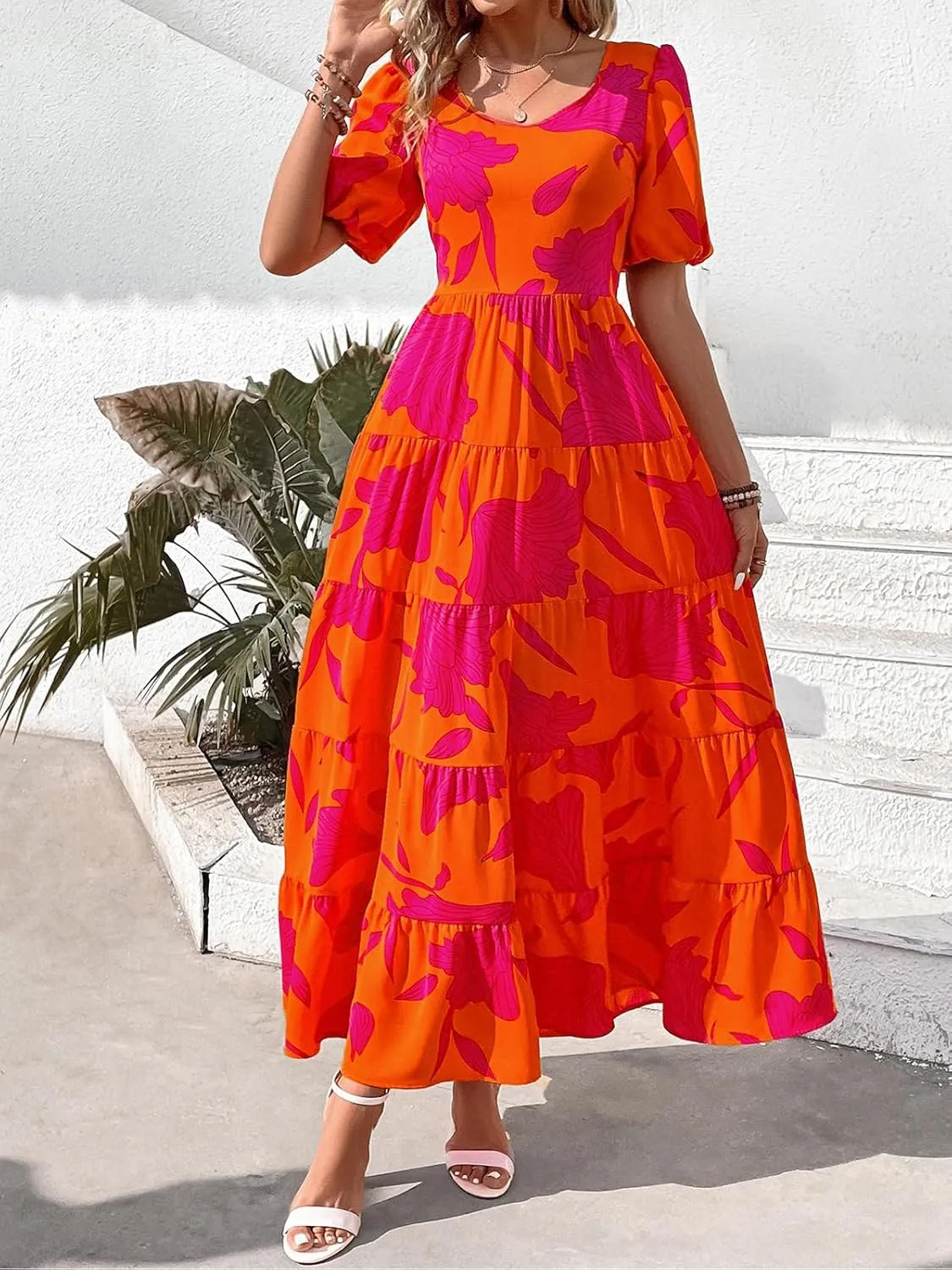 PRETTYGARDEN Womens Dresses 2025 Puff Sleeve Floral Casual Summer Dress Smocked Back Beach Flowy Tiered Maxi Sundress