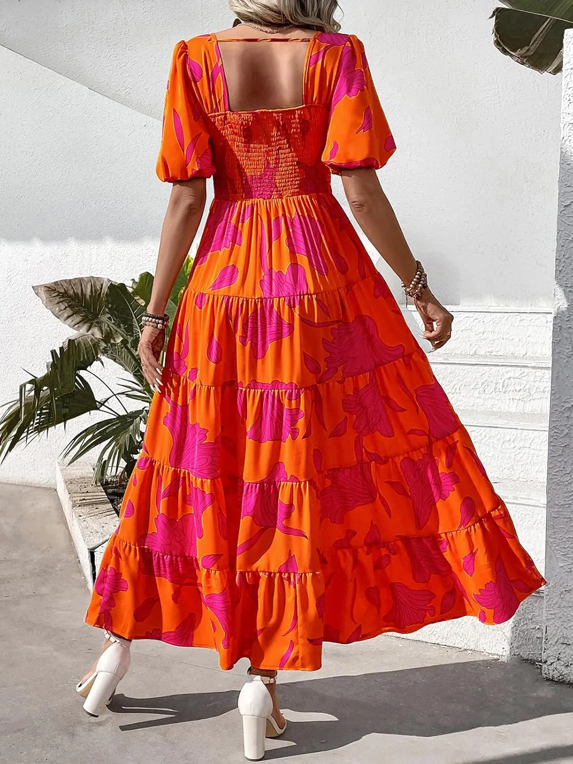 PRETTYGARDEN Womens Dresses 2025 Puff Sleeve Floral Casual Summer Dress Smocked Back Beach Flowy Tiered Maxi Sundress