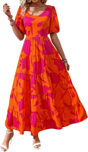 PRETTYGARDEN Womens Dresses 2025 Puff Sleeve Floral Casual Summer Dress Smocked Back Beach Flowy Tiered Maxi Sundress