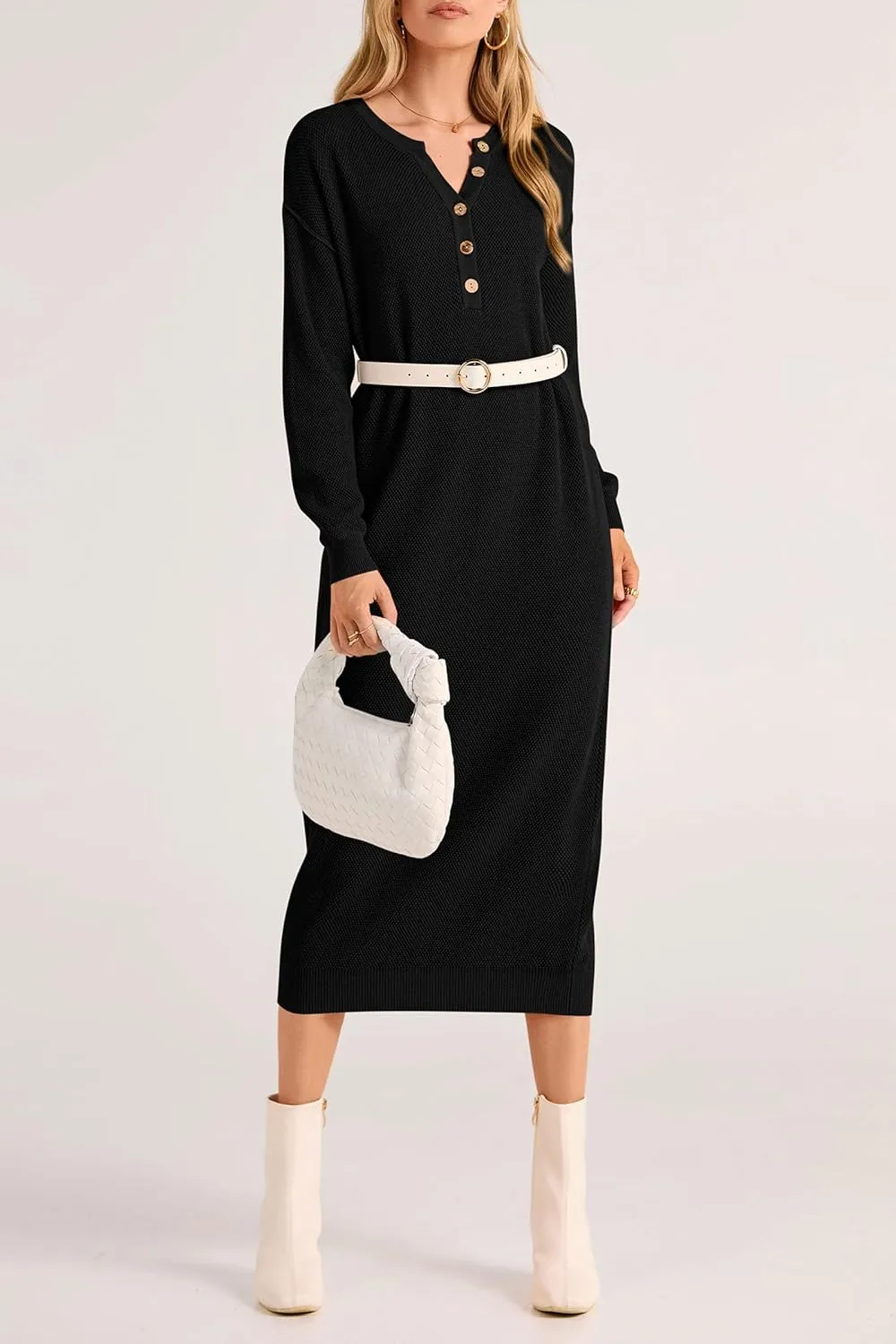 PRETTYGARDEN Women's Fall Knit Sweater Dress Long Sleeve Button V Neck Loose Casual Maxi Dresses