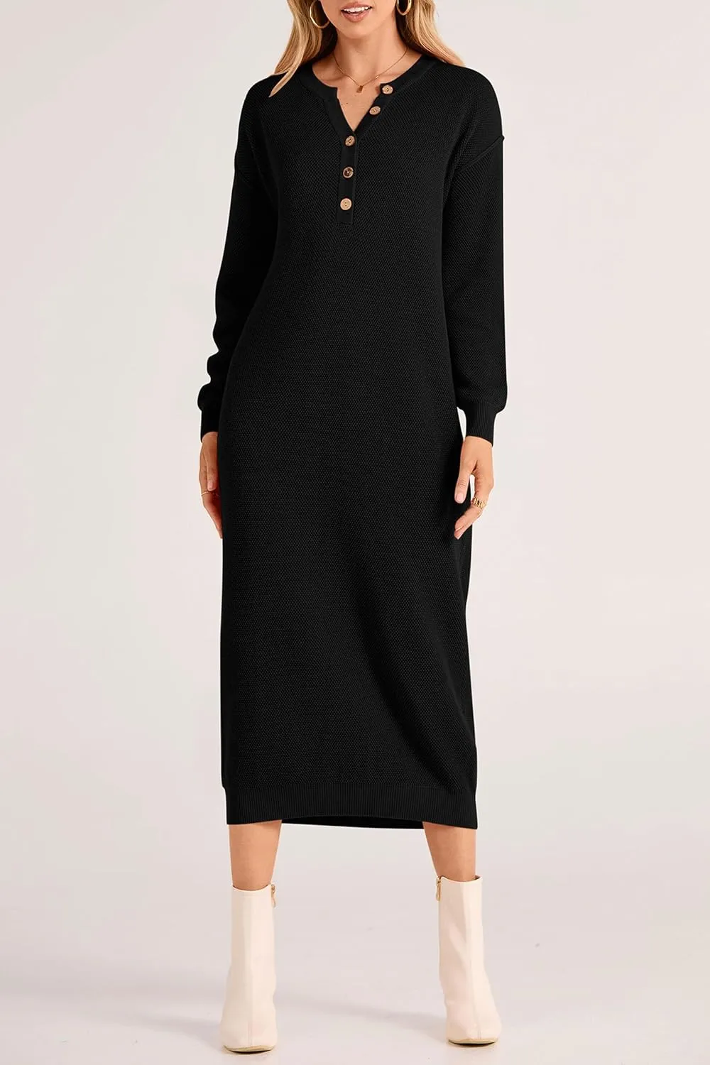 PRETTYGARDEN Women's Fall Knit Sweater Dress Long Sleeve Button V Neck Loose Casual Maxi Dresses