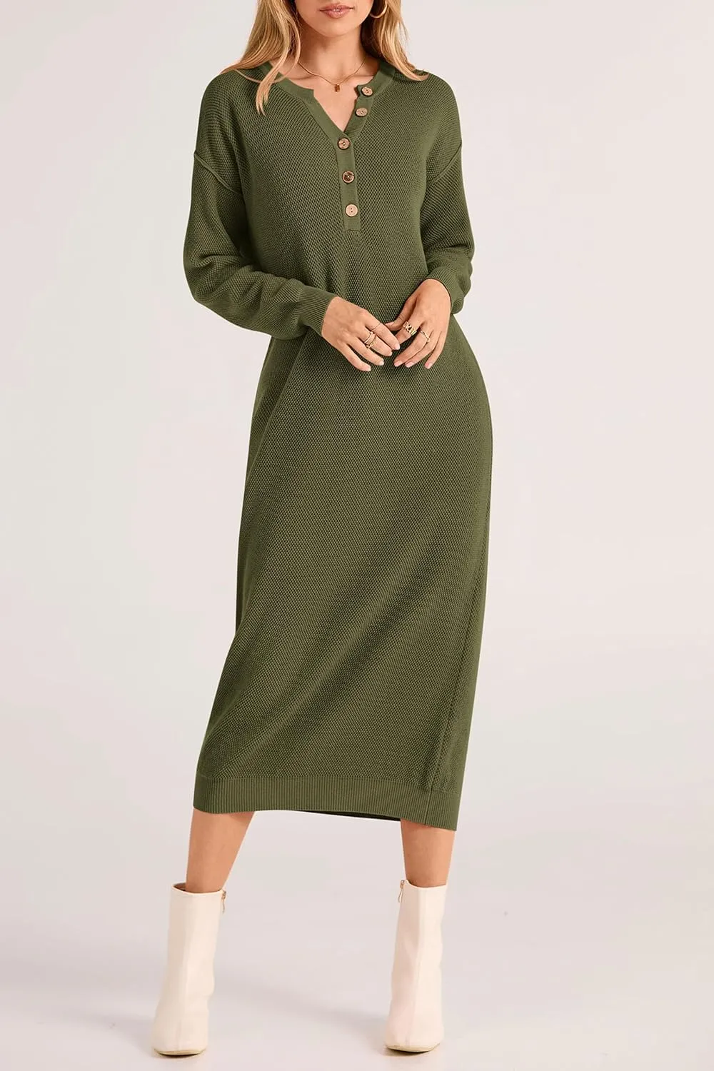 PRETTYGARDEN Women's Fall Knit Sweater Dress Long Sleeve Button V Neck Loose Casual Maxi Dresses