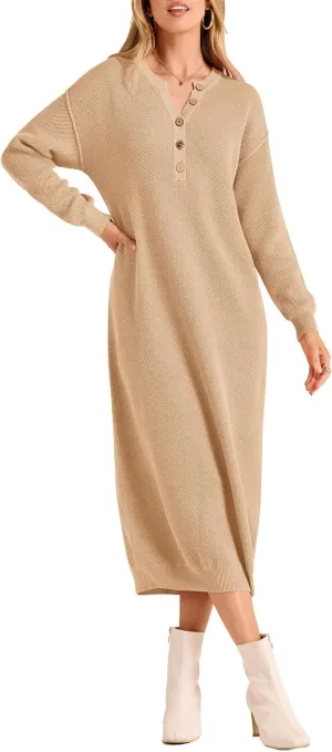 PRETTYGARDEN Women's Fall Knit Sweater Dress Long Sleeve Button V Neck Loose Casual Maxi Dresses