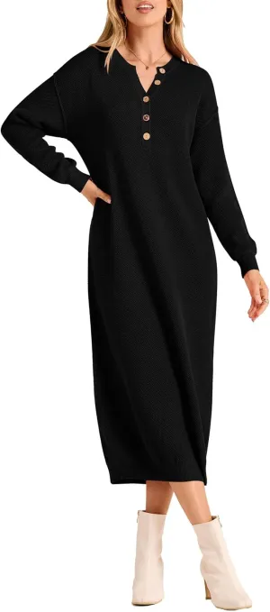 PRETTYGARDEN Women's Fall Knit Sweater Dress Long Sleeve Button V Neck Loose Casual Maxi Dresses