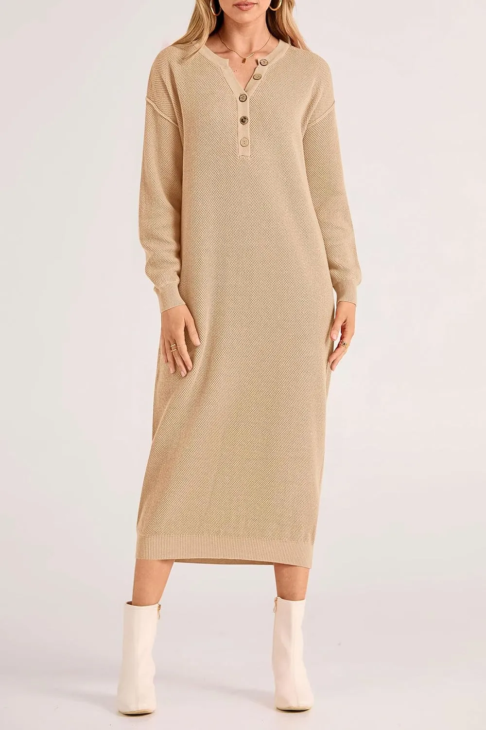 PRETTYGARDEN Women's Fall Knit Sweater Dress Long Sleeve Button V Neck Loose Casual Maxi Dresses