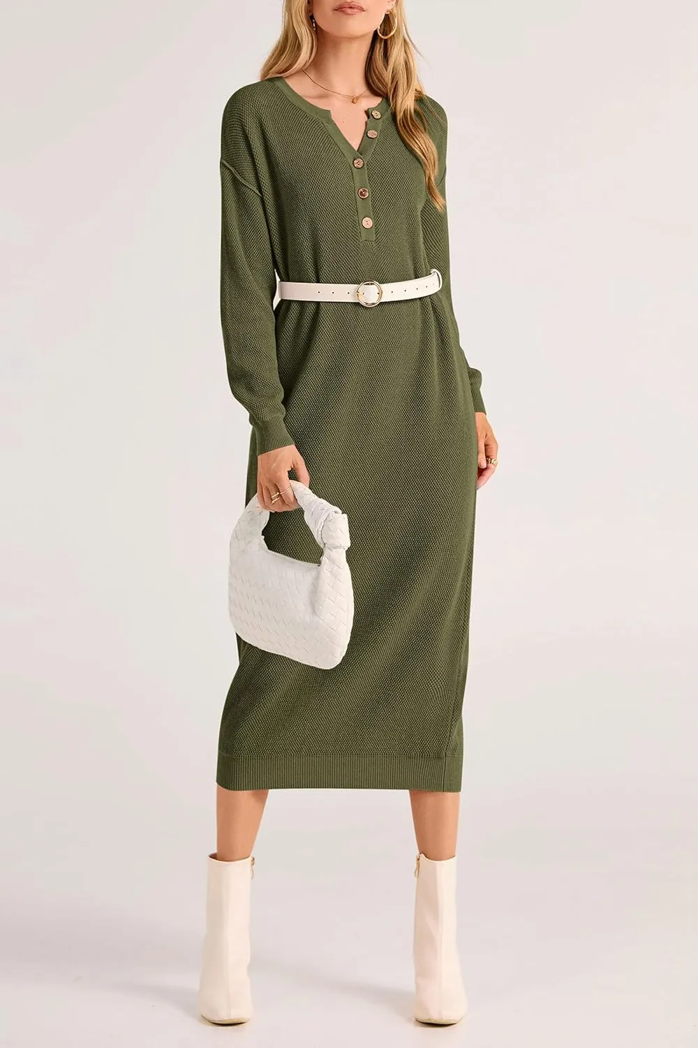 PRETTYGARDEN Women's Fall Knit Sweater Dress Long Sleeve Button V Neck Loose Casual Maxi Dresses