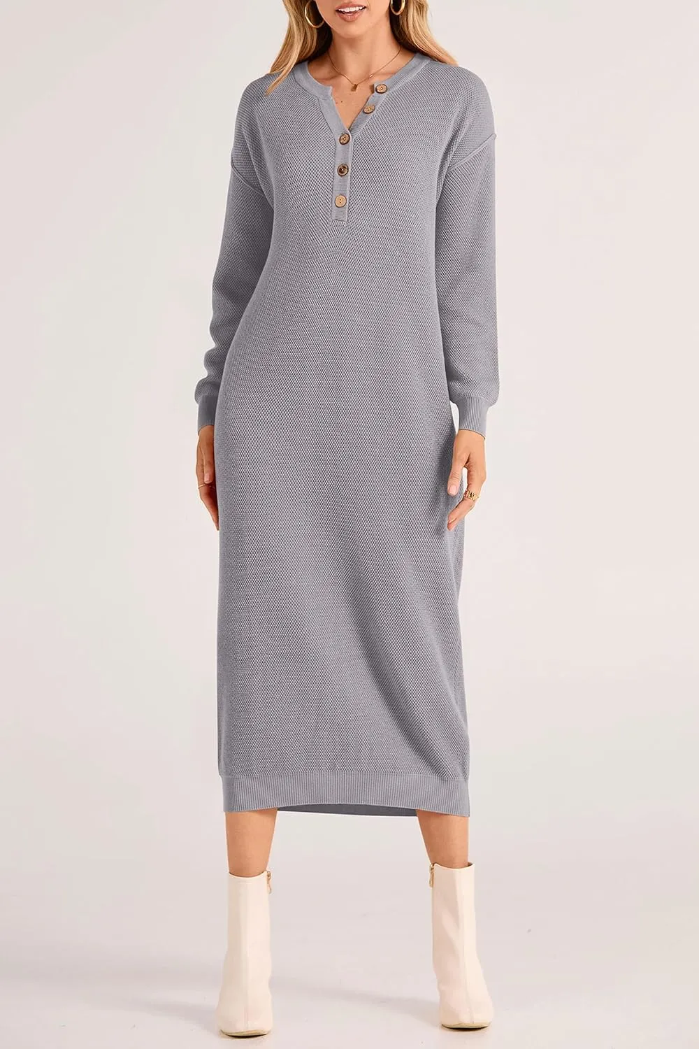 PRETTYGARDEN Women's Fall Knit Sweater Dress Long Sleeve Button V Neck Loose Casual Maxi Dresses