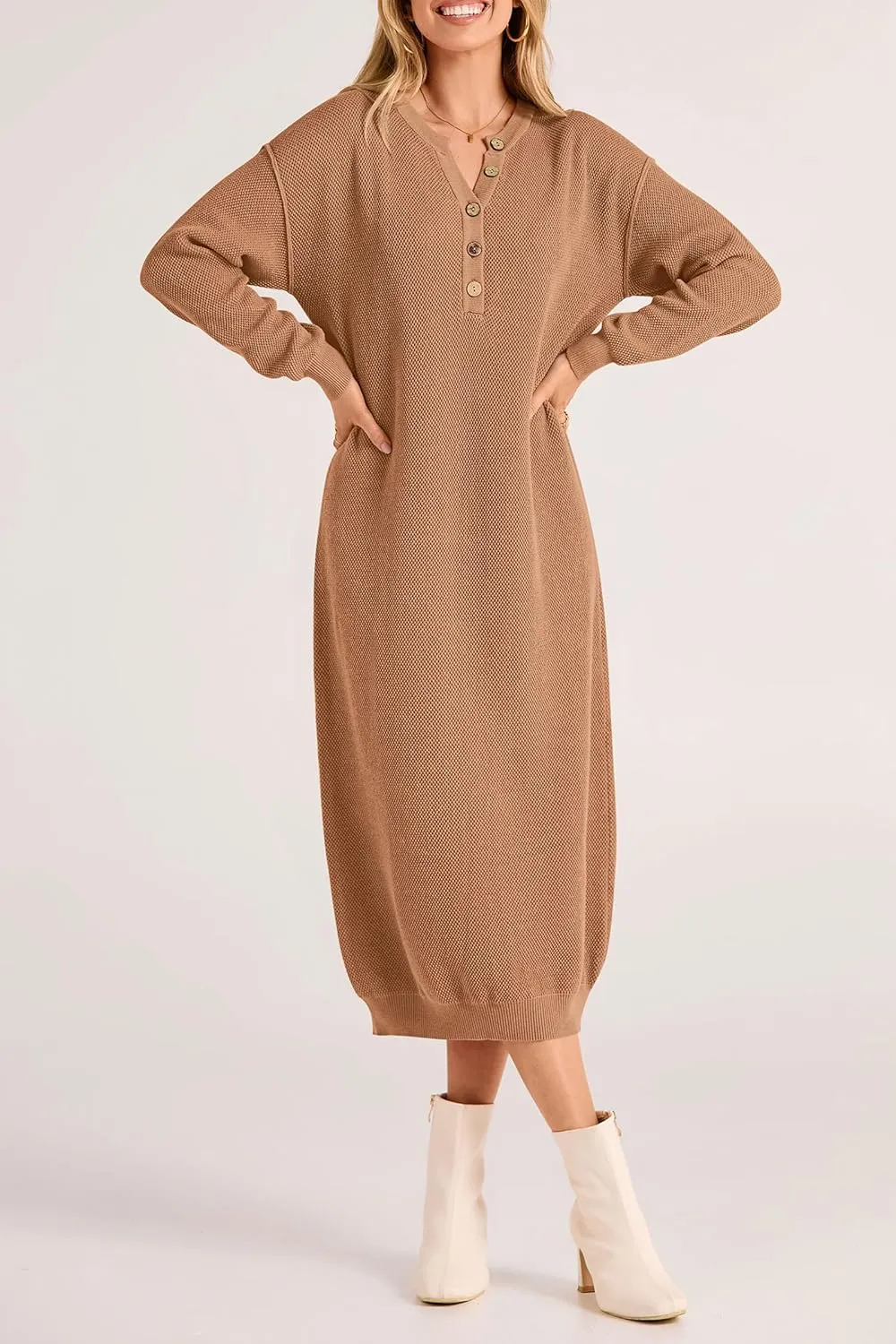 PRETTYGARDEN Women's Fall Knit Sweater Dress Long Sleeve Button V Neck Loose Casual Maxi Dresses