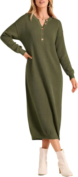 PRETTYGARDEN Women's Fall Knit Sweater Dress Long Sleeve Button V Neck Loose Casual Maxi Dresses