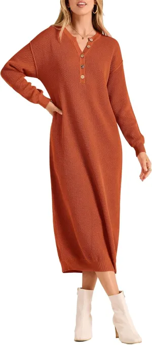 PRETTYGARDEN Women's Fall Knit Sweater Dress Long Sleeve Button V Neck Loose Casual Maxi Dresses