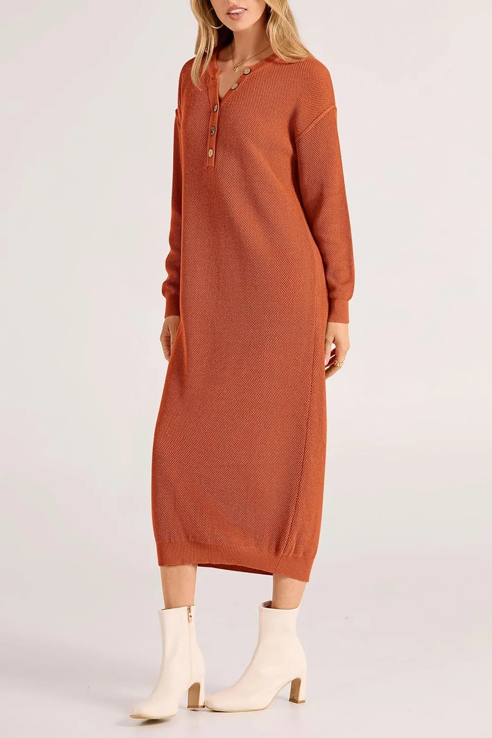 PRETTYGARDEN Women's Fall Knit Sweater Dress Long Sleeve Button V Neck Loose Casual Maxi Dresses