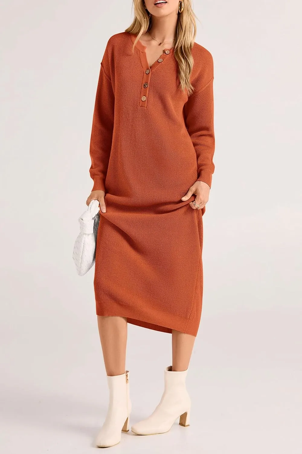 PRETTYGARDEN Women's Fall Knit Sweater Dress Long Sleeve Button V Neck Loose Casual Maxi Dresses