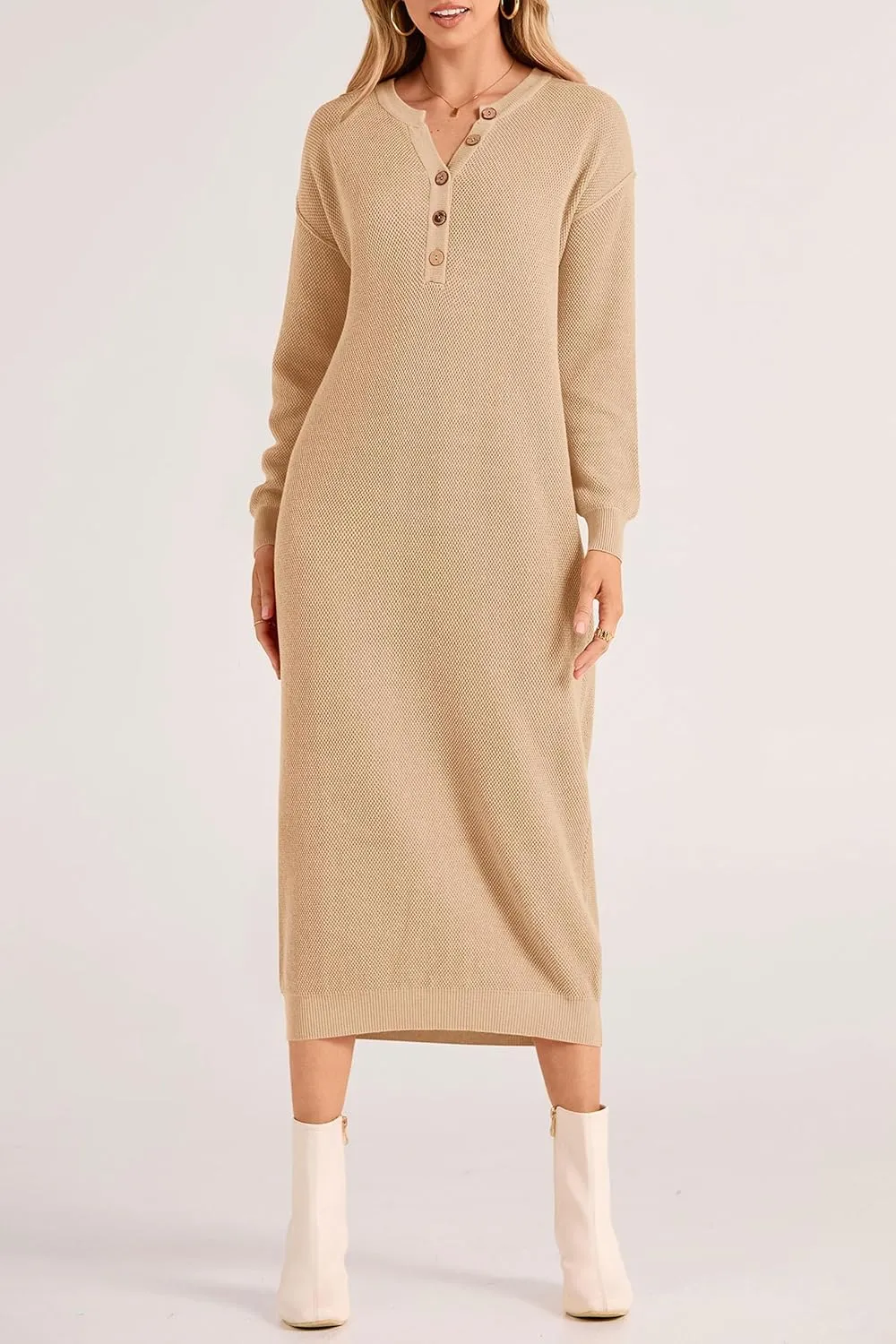 PRETTYGARDEN Women's Fall Knit Sweater Dress Long Sleeve Button V Neck Loose Casual Maxi Dresses