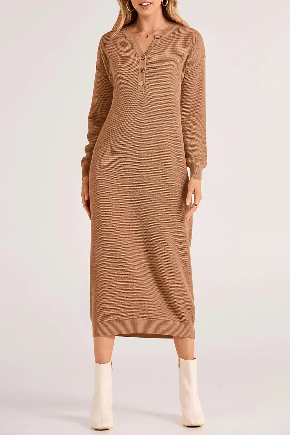 PRETTYGARDEN Women's Fall Knit Sweater Dress Long Sleeve Button V Neck Loose Casual Maxi Dresses