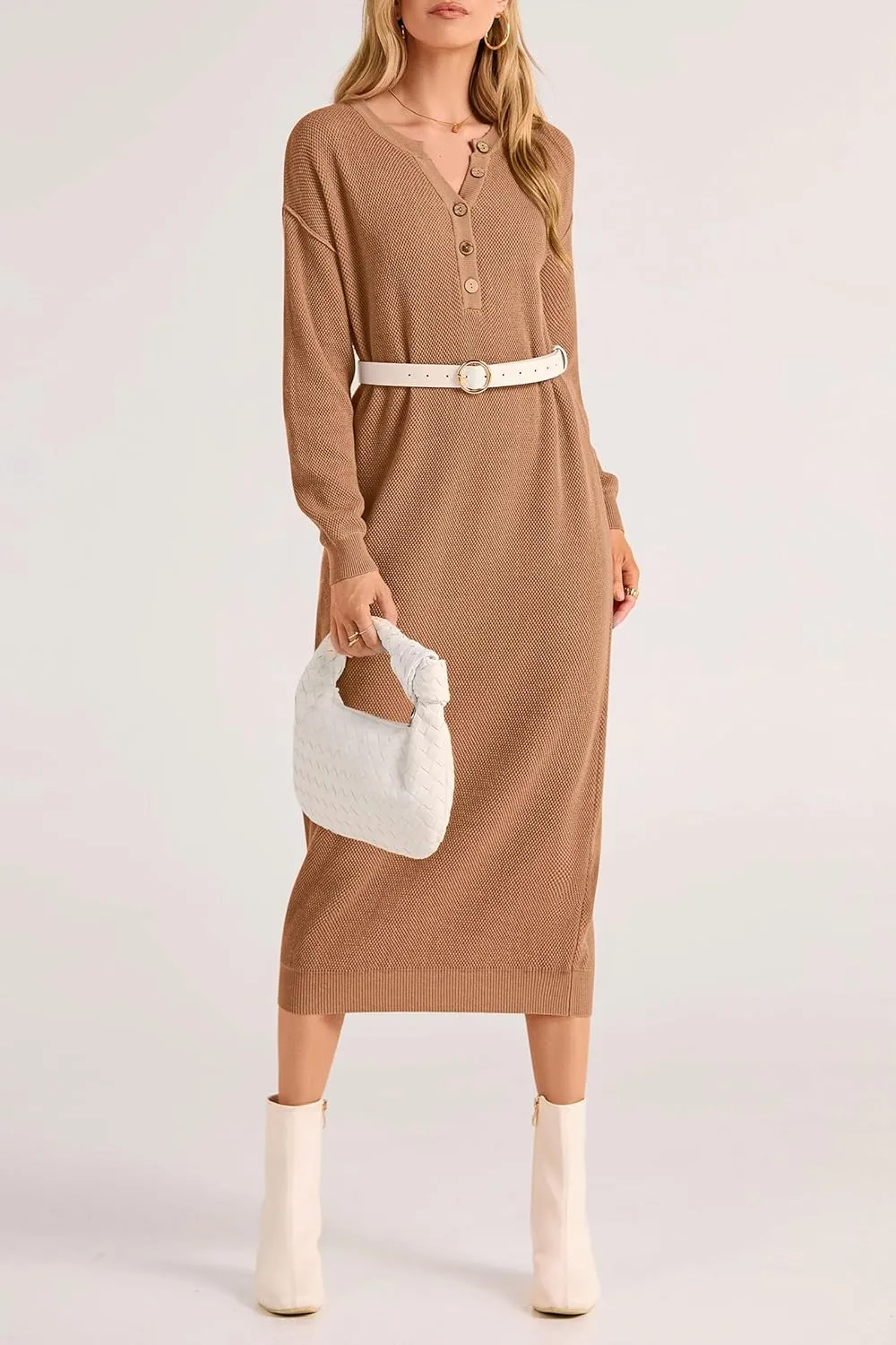 PRETTYGARDEN Women's Fall Knit Sweater Dress Long Sleeve Button V Neck Loose Casual Maxi Dresses