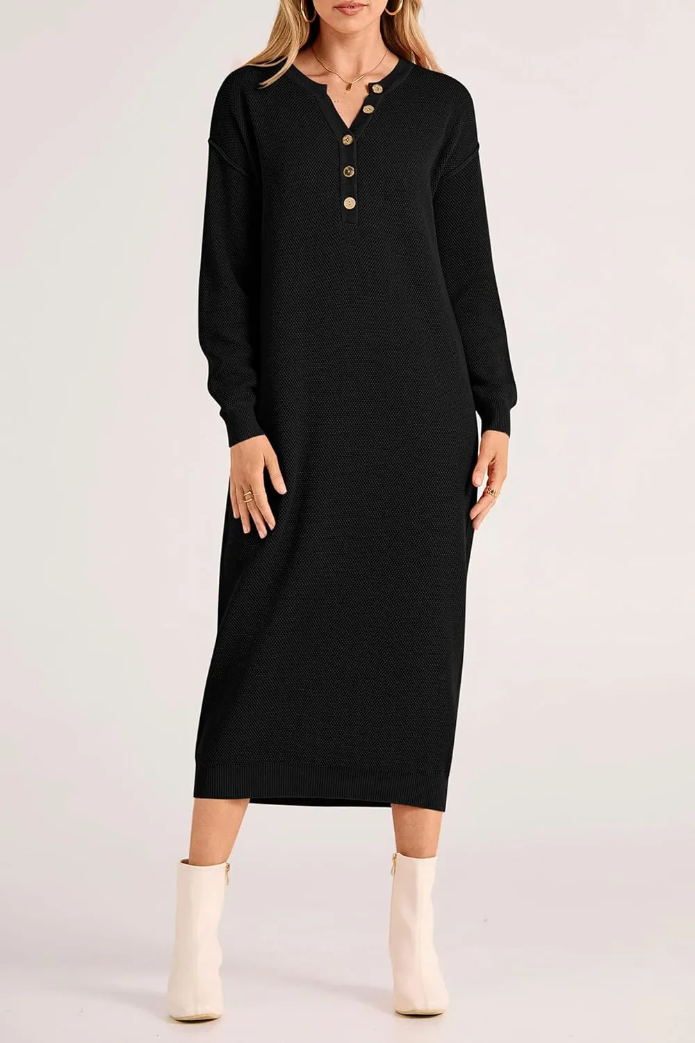 PRETTYGARDEN Women's Fall Knit Sweater Dress Long Sleeve Button V Neck Loose Casual Maxi Dresses