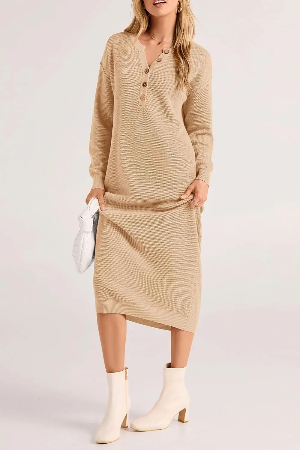 PRETTYGARDEN Women's Fall Knit Sweater Dress Long Sleeve Button V Neck Loose Casual Maxi Dresses