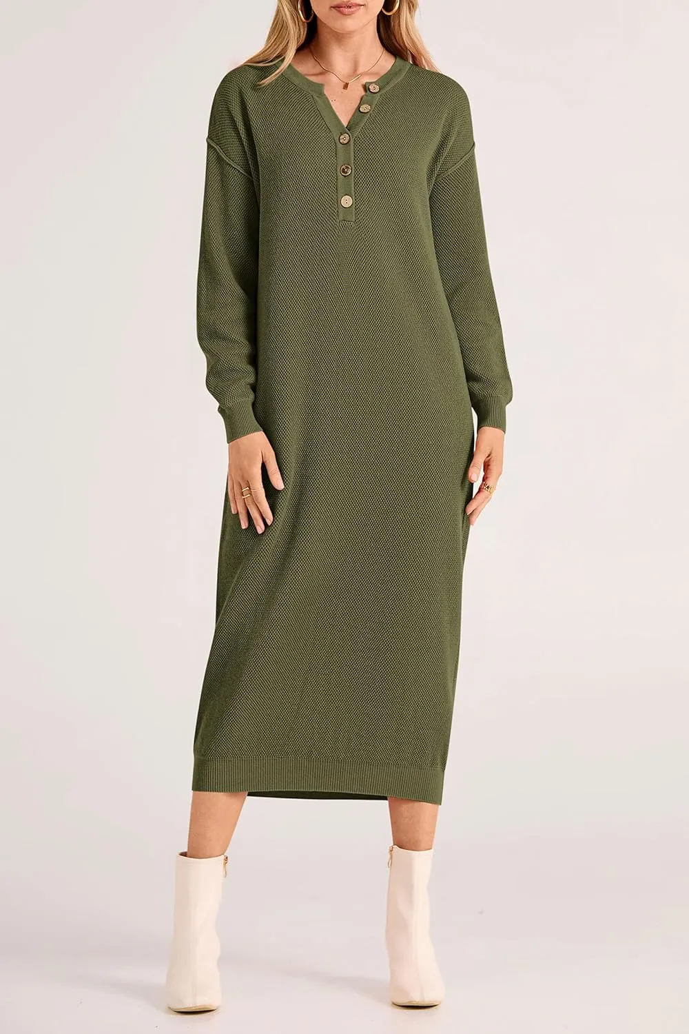 PRETTYGARDEN Women's Fall Knit Sweater Dress Long Sleeve Button V Neck Loose Casual Maxi Dresses