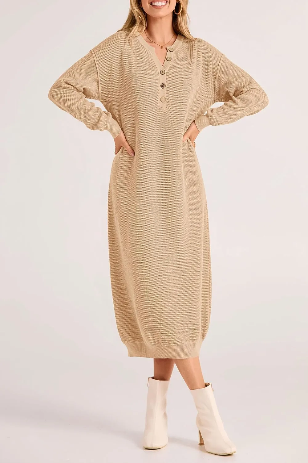 PRETTYGARDEN Women's Fall Knit Sweater Dress Long Sleeve Button V Neck Loose Casual Maxi Dresses