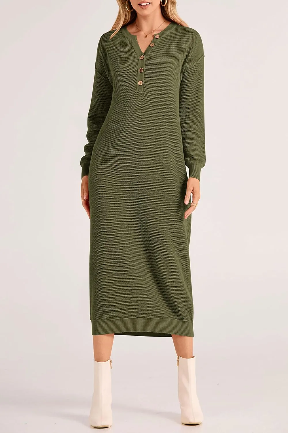 PRETTYGARDEN Women's Fall Knit Sweater Dress Long Sleeve Button V Neck Loose Casual Maxi Dresses