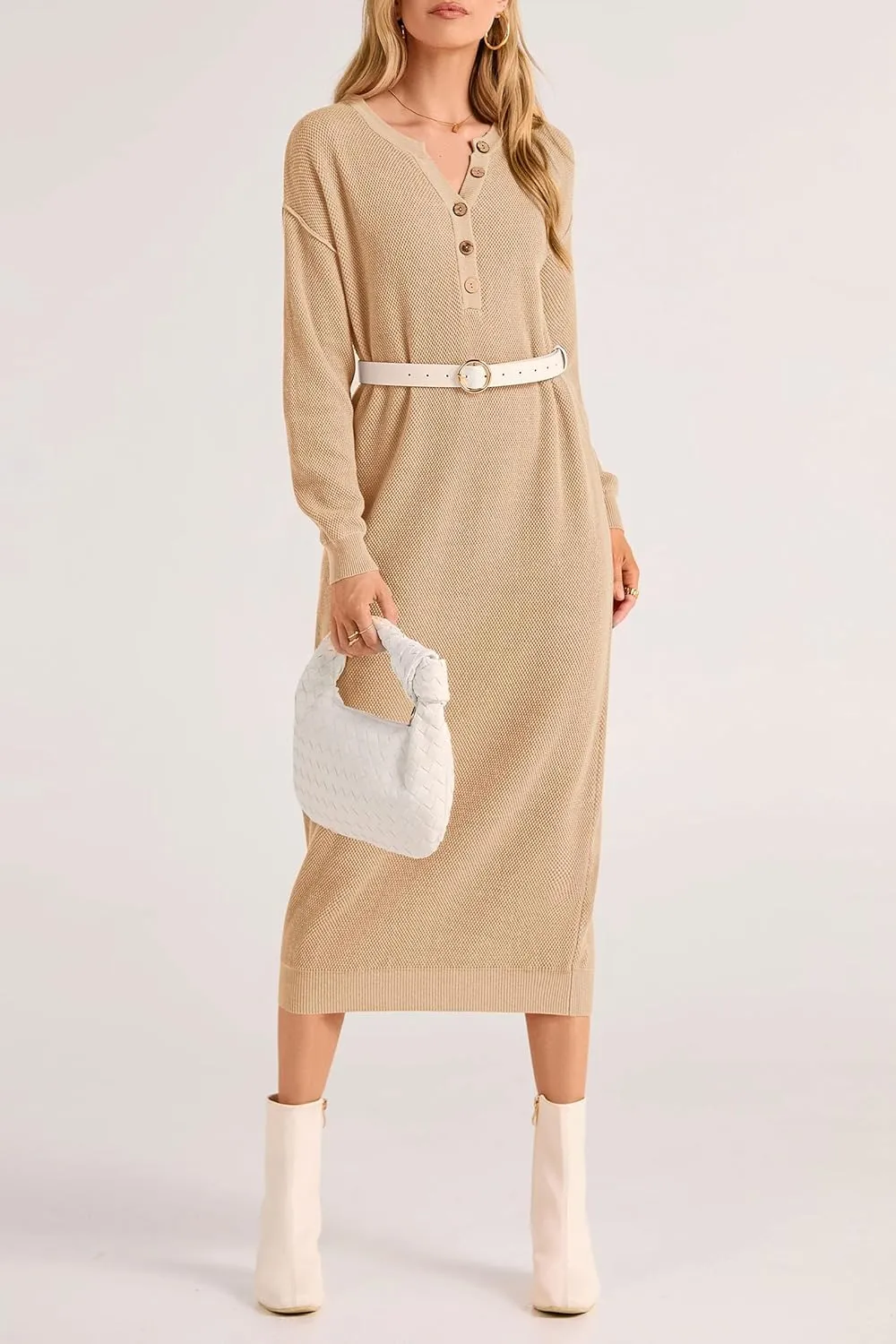 PRETTYGARDEN Women's Fall Knit Sweater Dress Long Sleeve Button V Neck Loose Casual Maxi Dresses
