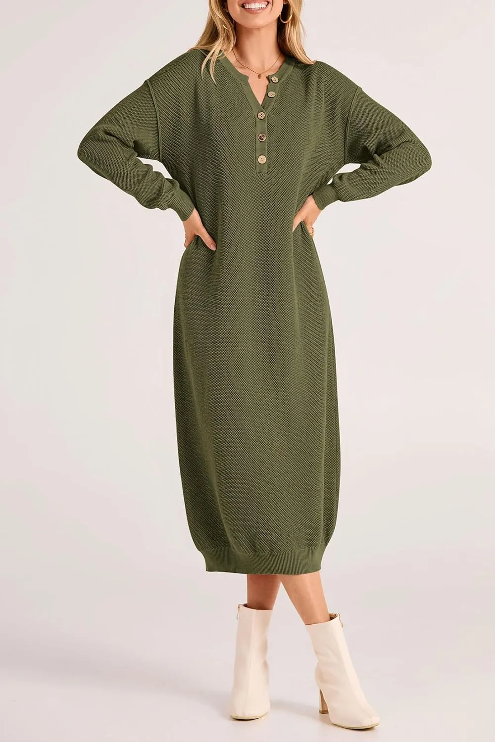 PRETTYGARDEN Women's Fall Knit Sweater Dress Long Sleeve Button V Neck Loose Casual Maxi Dresses
