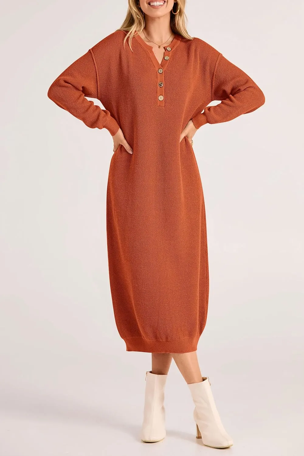 PRETTYGARDEN Women's Fall Knit Sweater Dress Long Sleeve Button V Neck Loose Casual Maxi Dresses
