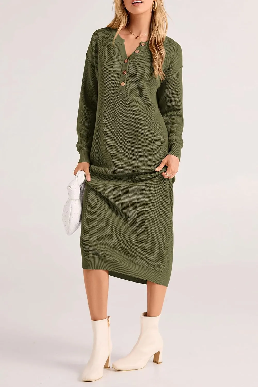 PRETTYGARDEN Women's Fall Knit Sweater Dress Long Sleeve Button V Neck Loose Casual Maxi Dresses