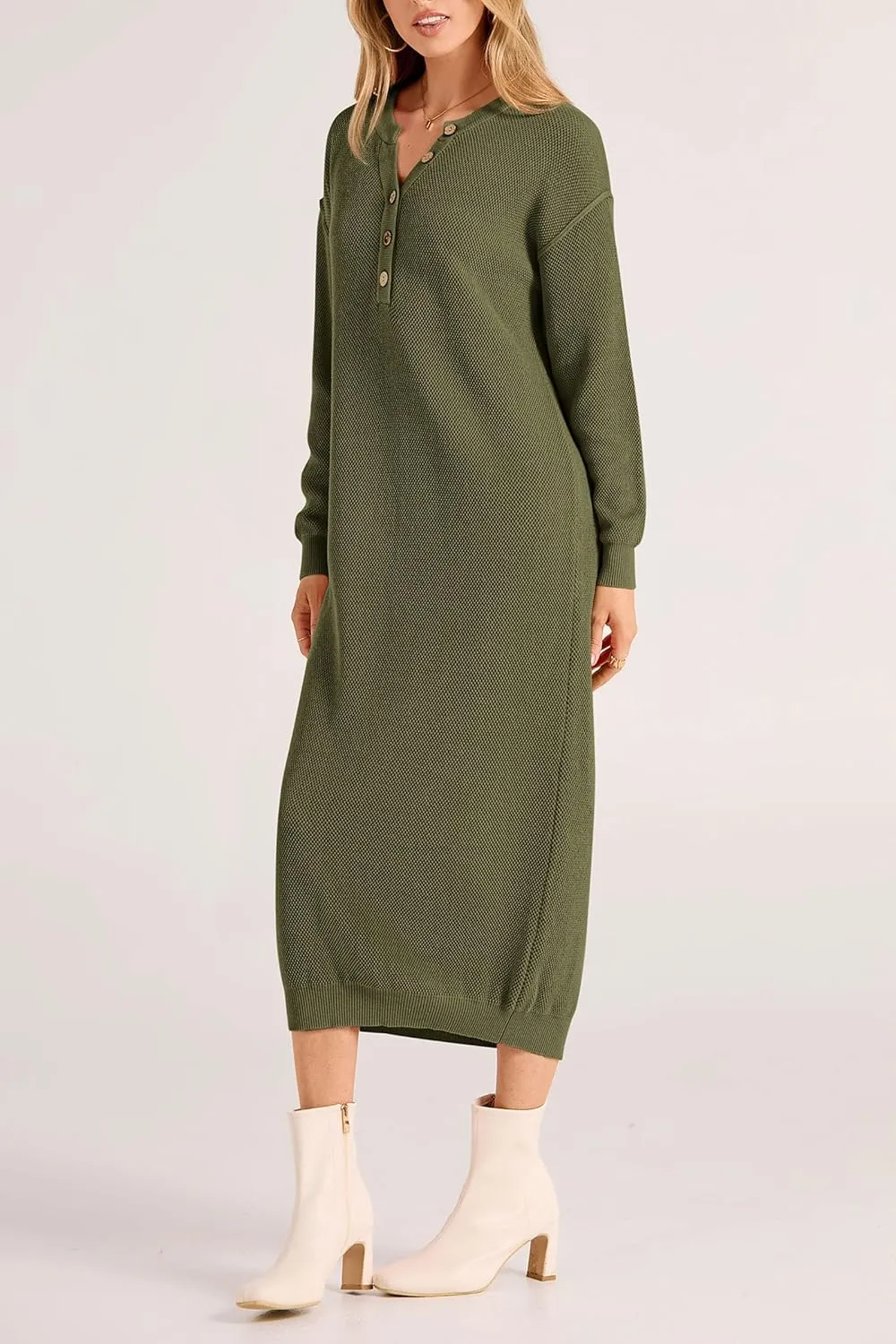 PRETTYGARDEN Women's Fall Knit Sweater Dress Long Sleeve Button V Neck Loose Casual Maxi Dresses