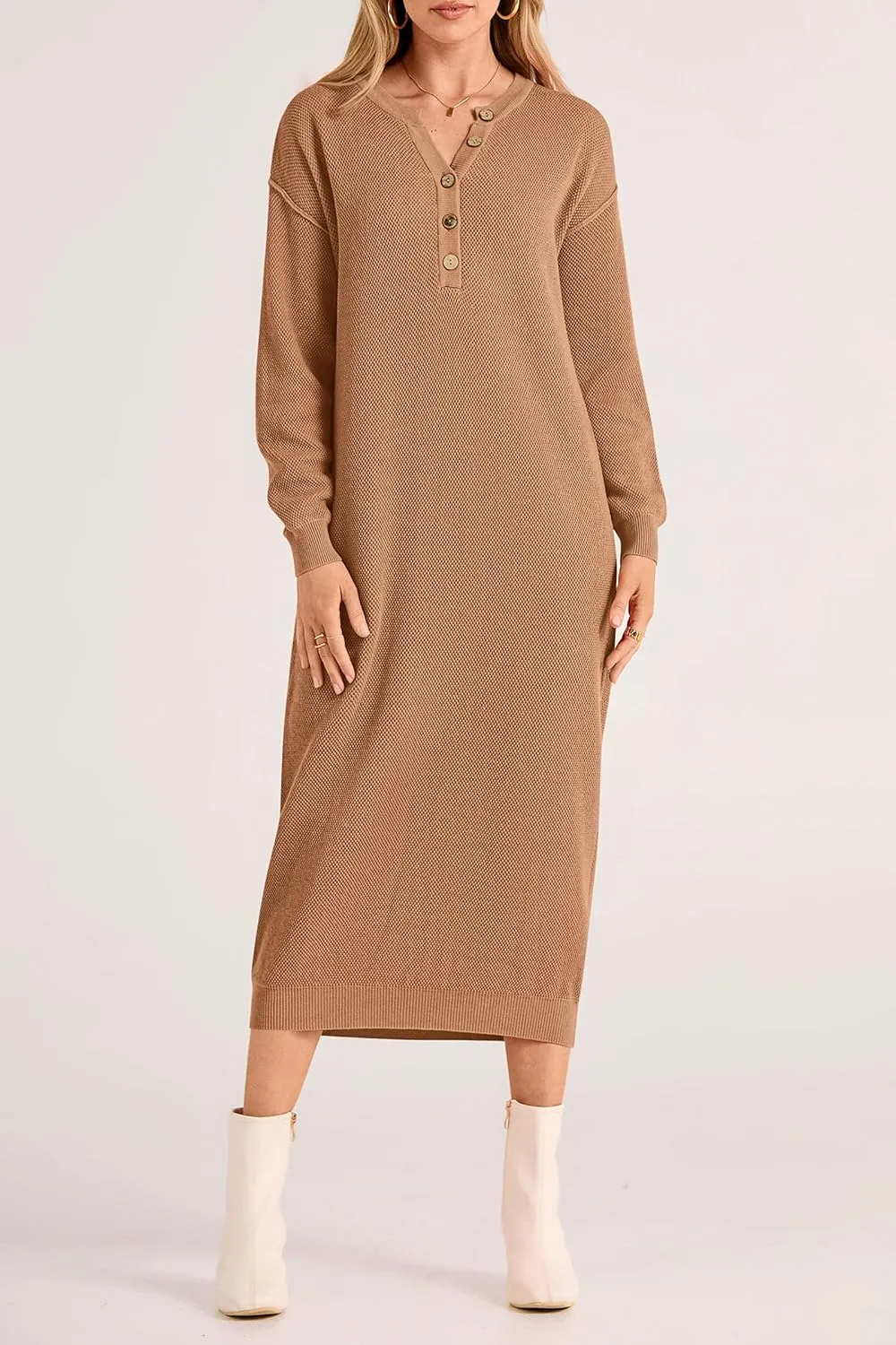 PRETTYGARDEN Women's Fall Knit Sweater Dress Long Sleeve Button V Neck Loose Casual Maxi Dresses