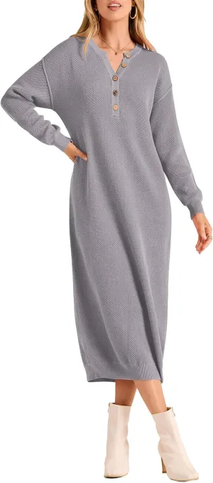 PRETTYGARDEN Women's Fall Knit Sweater Dress Long Sleeve Button V Neck Loose Casual Maxi Dresses