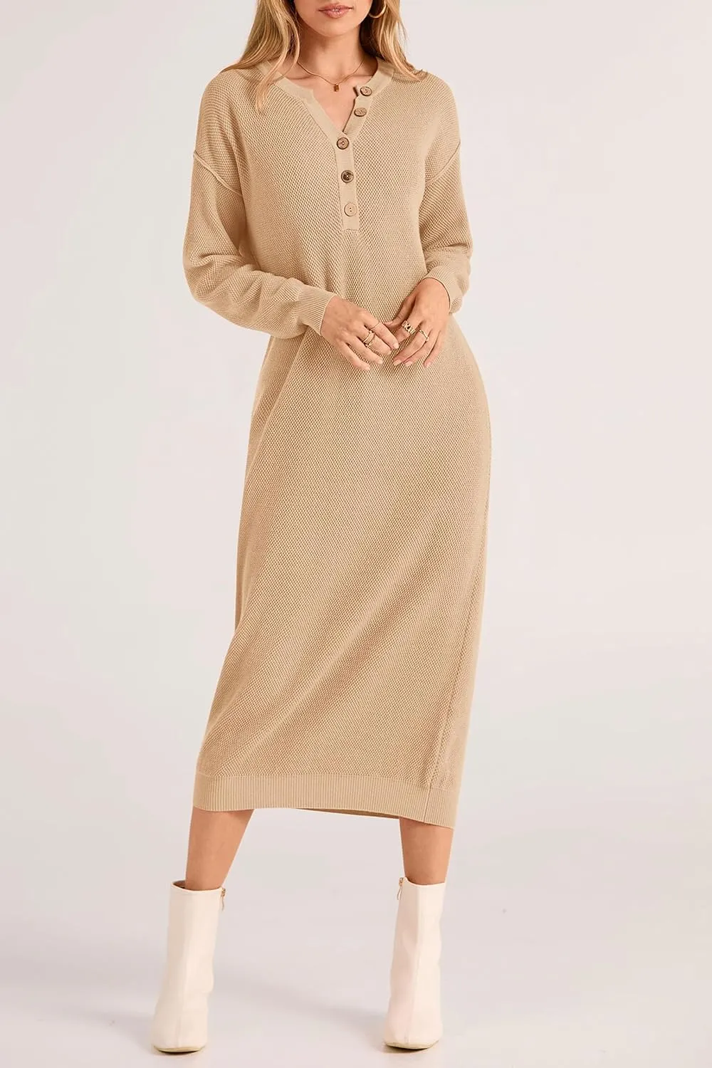 PRETTYGARDEN Women's Fall Knit Sweater Dress Long Sleeve Button V Neck Loose Casual Maxi Dresses