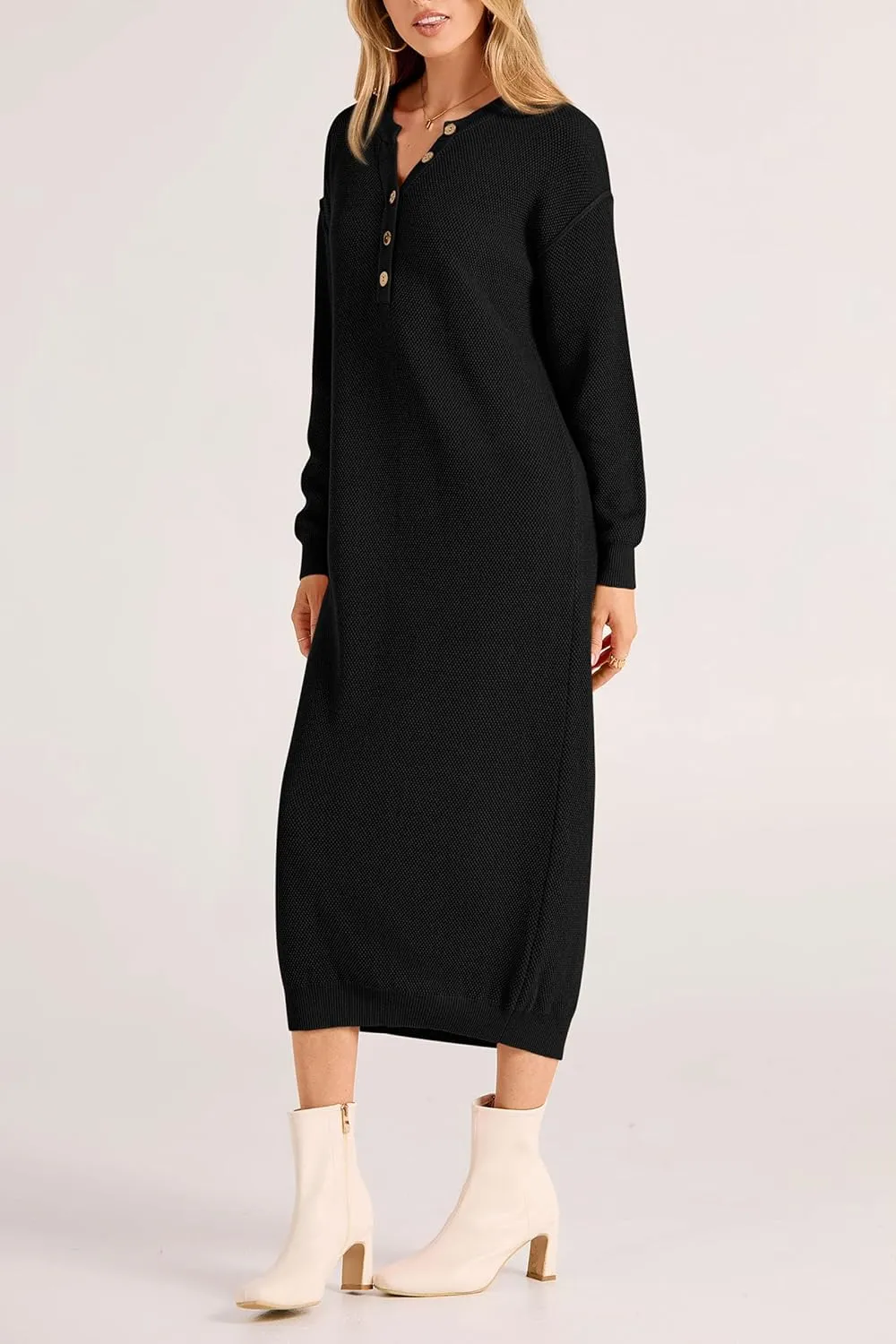 PRETTYGARDEN Women's Fall Knit Sweater Dress Long Sleeve Button V Neck Loose Casual Maxi Dresses