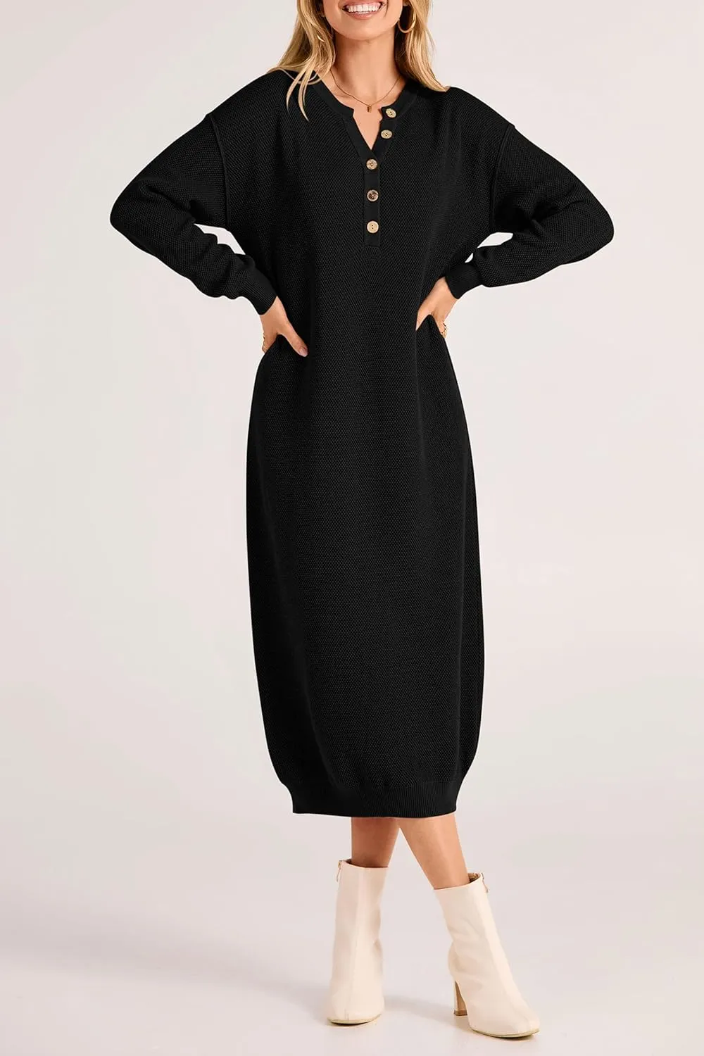 PRETTYGARDEN Women's Fall Knit Sweater Dress Long Sleeve Button V Neck Loose Casual Maxi Dresses
