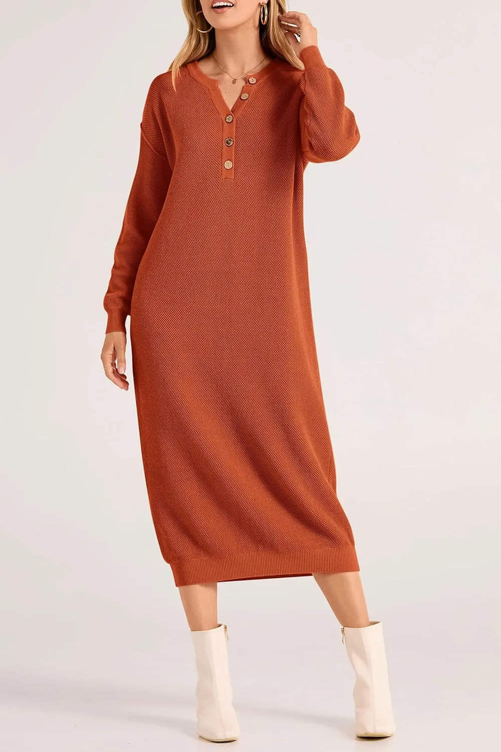 PRETTYGARDEN Women's Fall Knit Sweater Dress Long Sleeve Button V Neck Loose Casual Maxi Dresses