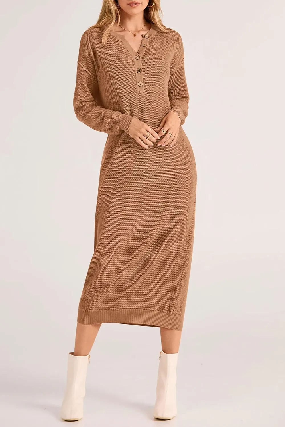 PRETTYGARDEN Women's Fall Knit Sweater Dress Long Sleeve Button V Neck Loose Casual Maxi Dresses