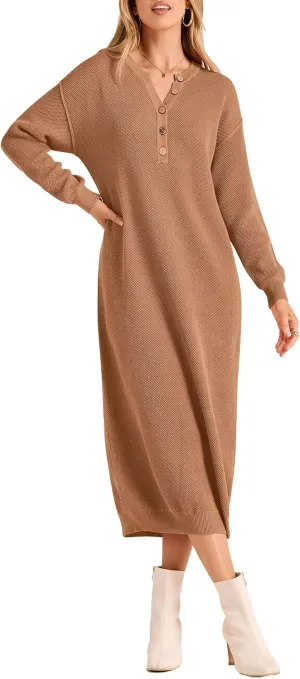PRETTYGARDEN Women's Fall Knit Sweater Dress Long Sleeve Button V Neck Loose Casual Maxi Dresses