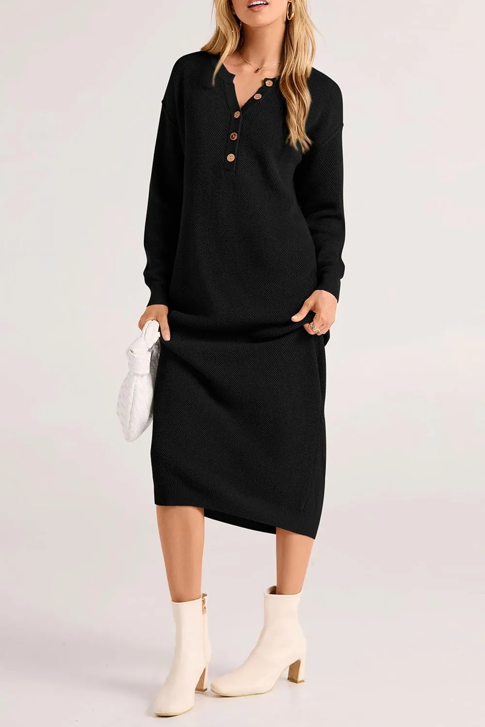 PRETTYGARDEN Women's Fall Knit Sweater Dress Long Sleeve Button V Neck Loose Casual Maxi Dresses
