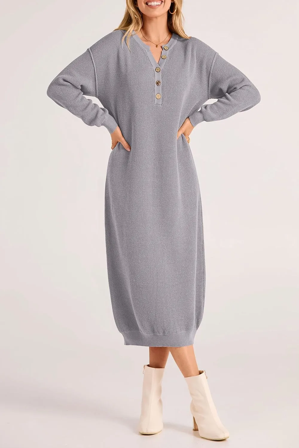 PRETTYGARDEN Women's Fall Knit Sweater Dress Long Sleeve Button V Neck Loose Casual Maxi Dresses