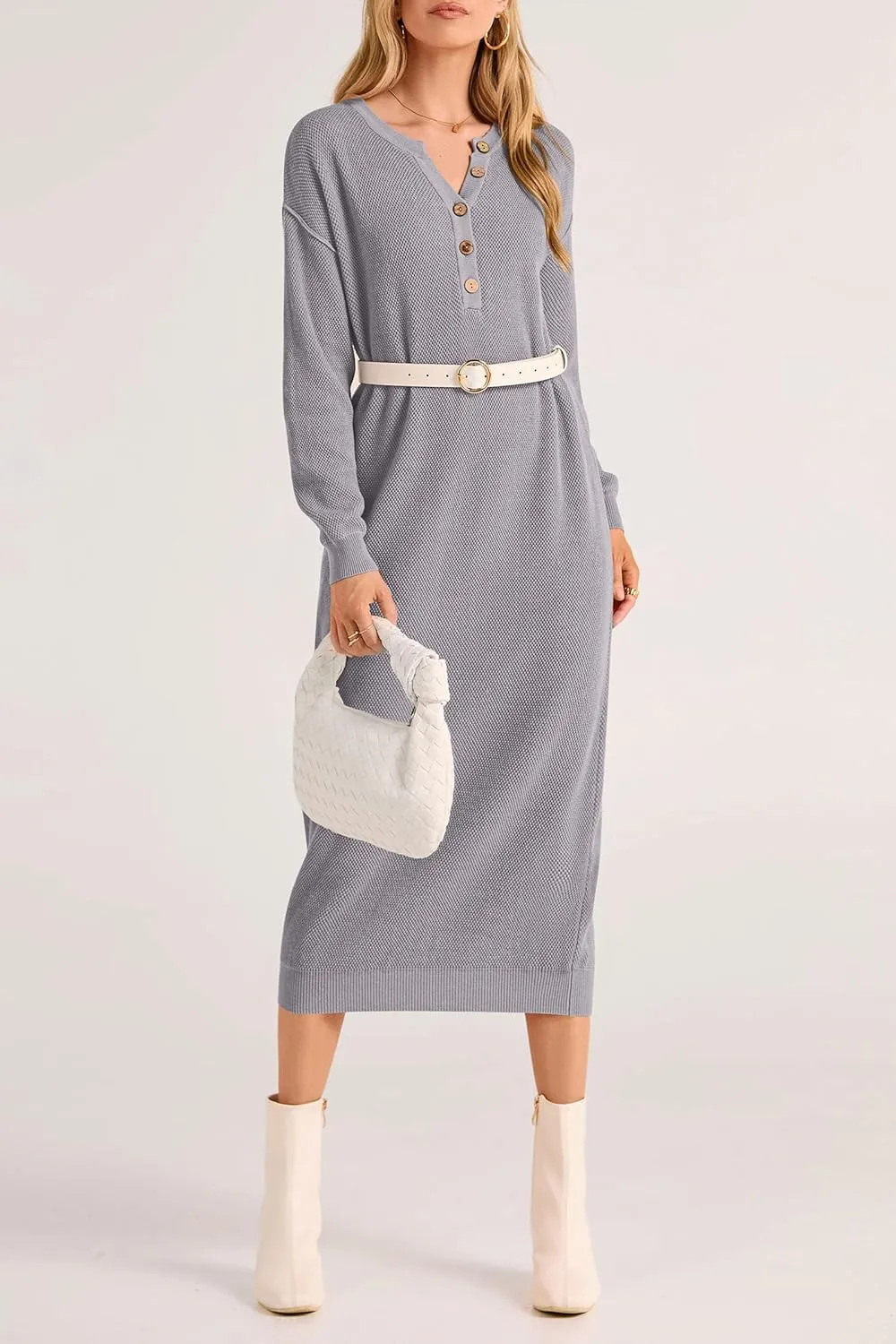 PRETTYGARDEN Women's Fall Knit Sweater Dress Long Sleeve Button V Neck Loose Casual Maxi Dresses