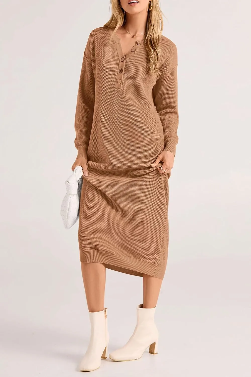 PRETTYGARDEN Women's Fall Knit Sweater Dress Long Sleeve Button V Neck Loose Casual Maxi Dresses