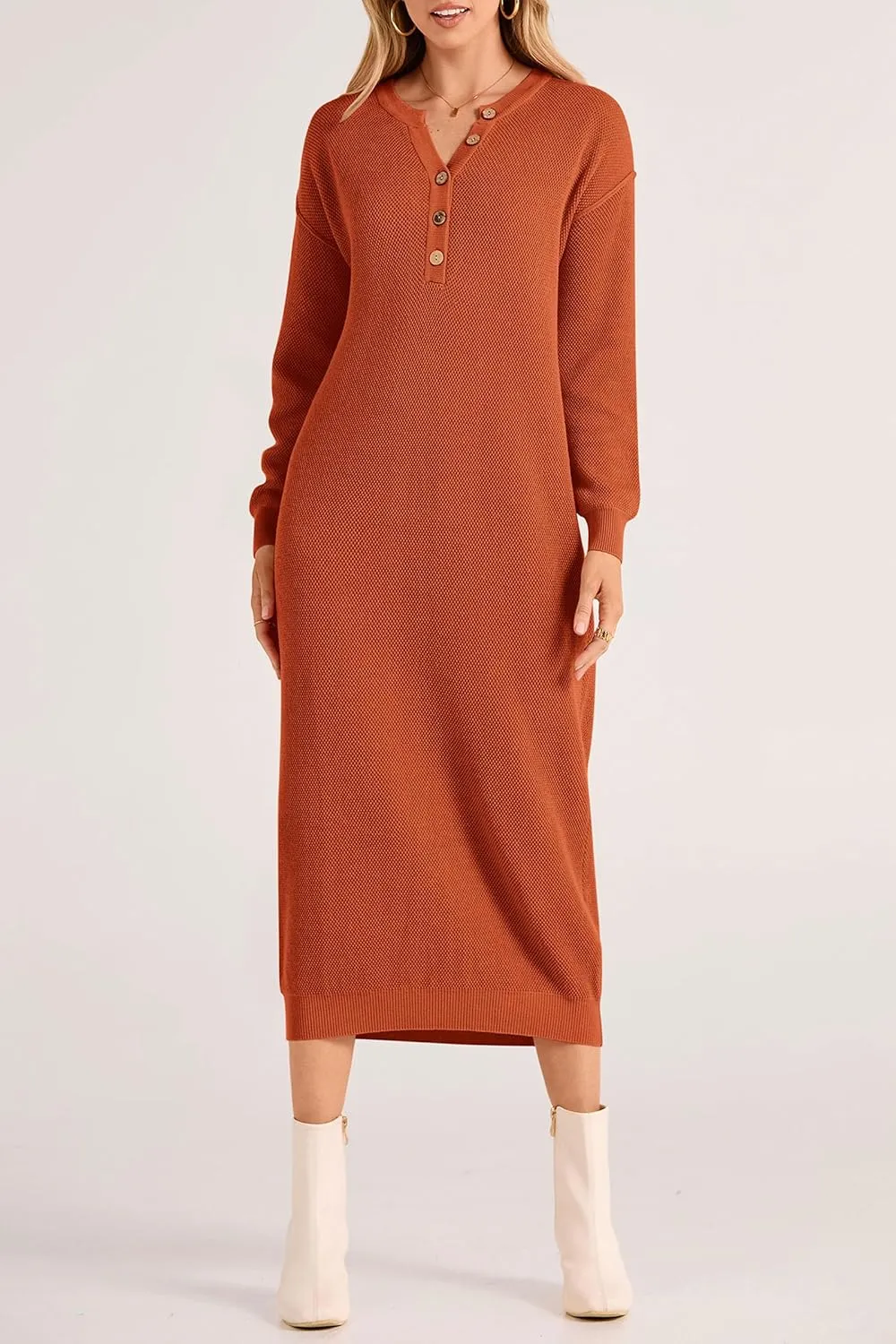 PRETTYGARDEN Women's Fall Knit Sweater Dress Long Sleeve Button V Neck Loose Casual Maxi Dresses