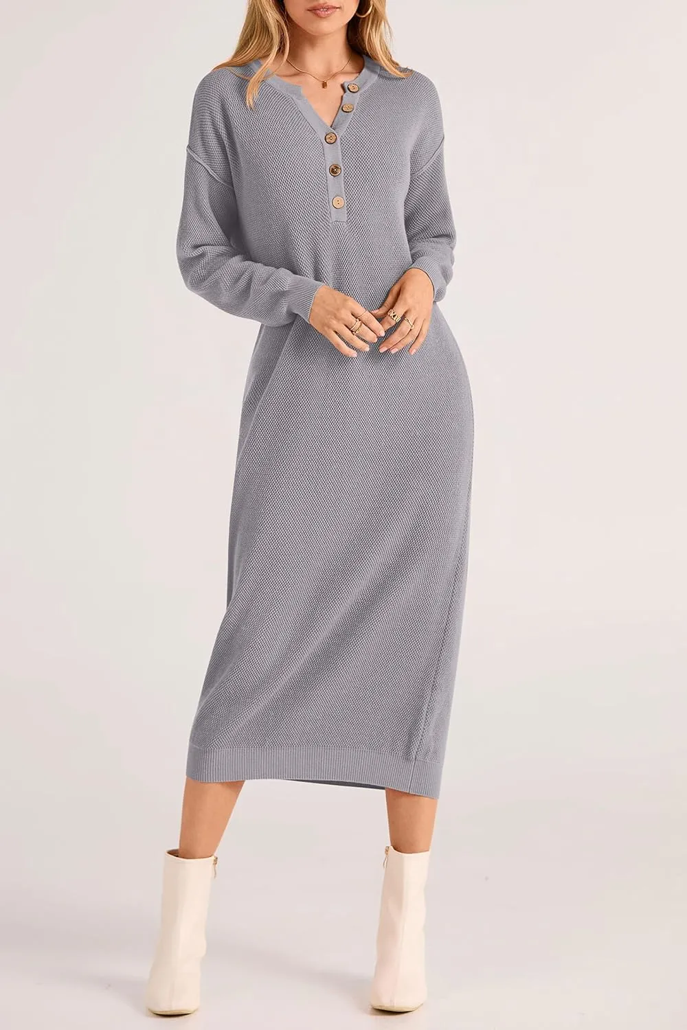 PRETTYGARDEN Women's Fall Knit Sweater Dress Long Sleeve Button V Neck Loose Casual Maxi Dresses