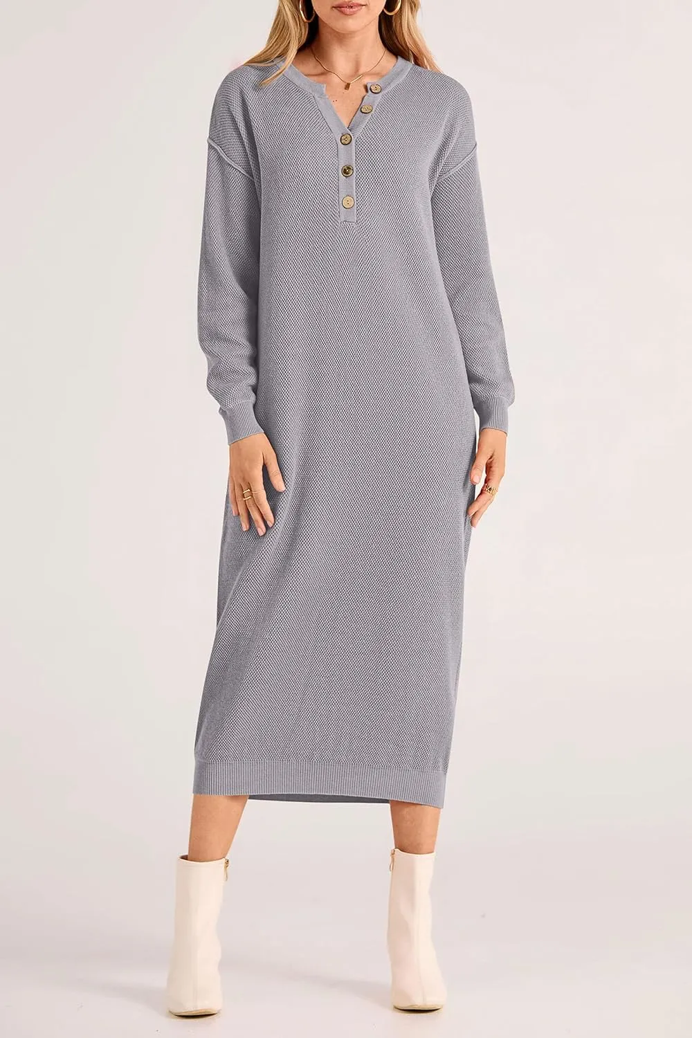 PRETTYGARDEN Women's Fall Knit Sweater Dress Long Sleeve Button V Neck Loose Casual Maxi Dresses