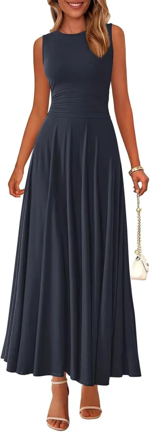 PRETTYGARDEN Womens Spring Dresses 2025 Casual Sleeveless Crewneck Aline Maxi Dress Stretch Tank Flowy Long Dresses
