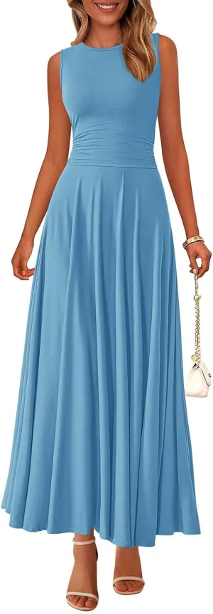 PRETTYGARDEN Womens Spring Dresses 2025 Casual Sleeveless Crewneck Aline Maxi Dress Stretch Tank Flowy Long Dresses