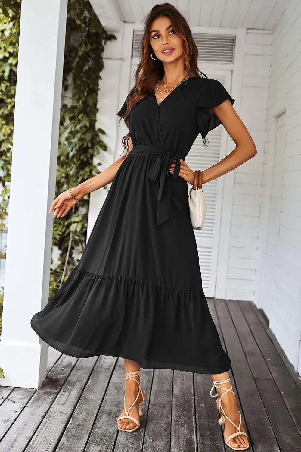 PRETTYGARDEN Women's Summer Floral Boho Maxi Dress Wrap Short Sleeve V Neck Ruffle A-Line Flowy Wedding Guest Long Dresses