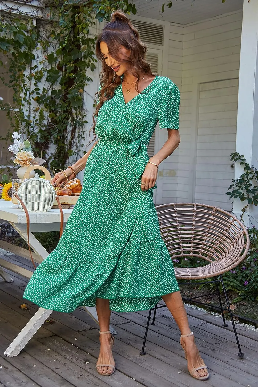 PRETTYGARDEN Women's Summer Floral Boho Maxi Dress Wrap Short Sleeve V Neck Ruffle A-Line Flowy Wedding Guest Long Dresses