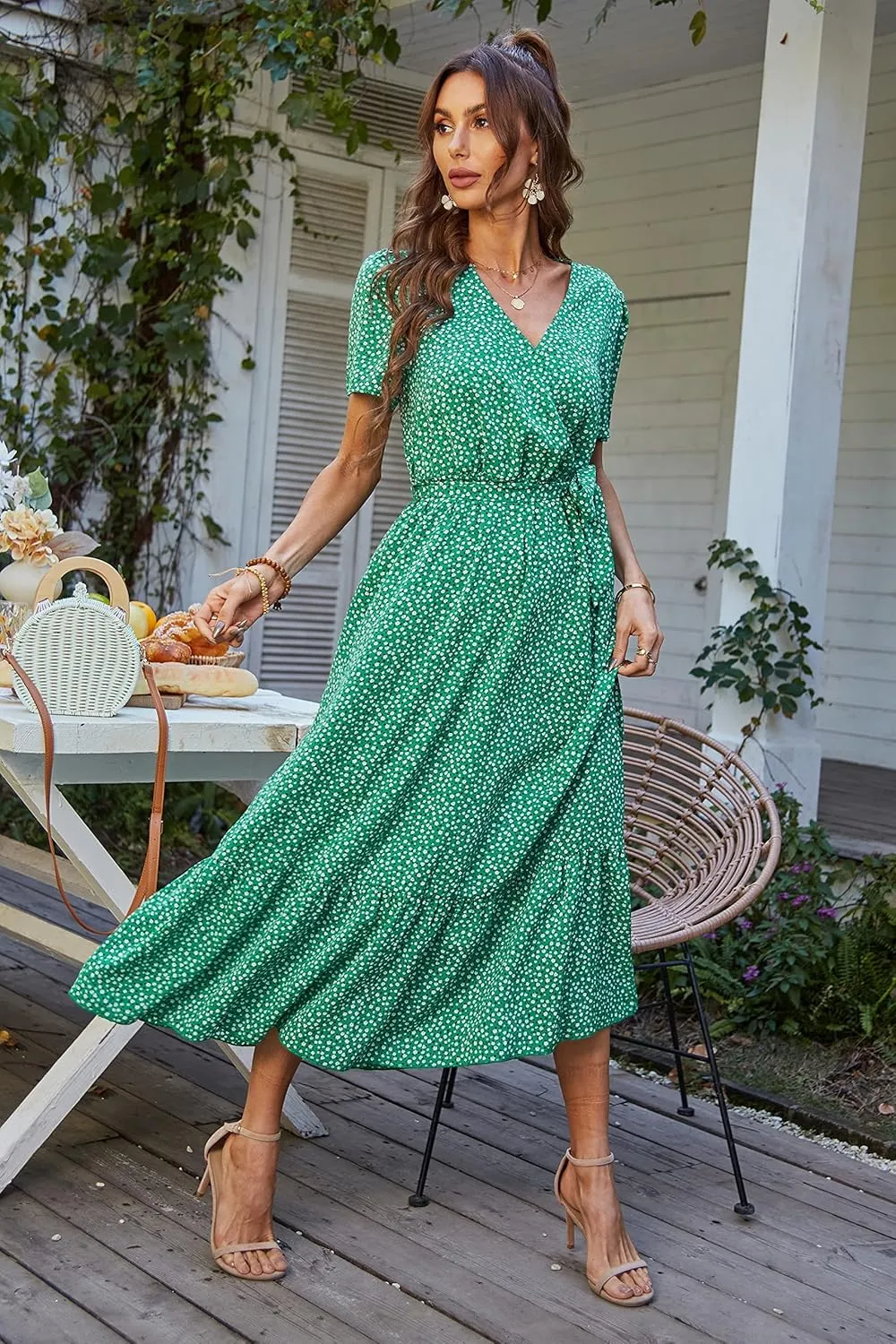 PRETTYGARDEN Women's Summer Floral Boho Maxi Dress Wrap Short Sleeve V Neck Ruffle A-Line Flowy Wedding Guest Long Dresses